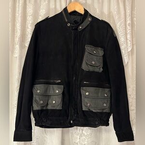 Vintage Y2K Suede Leather Moto Jacket Black Utility Pocket Streetwear Large